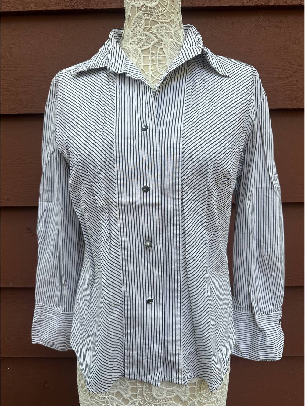 Vintage Edward Black and White Striped Cotton Shirt Classic Preppy Button Up